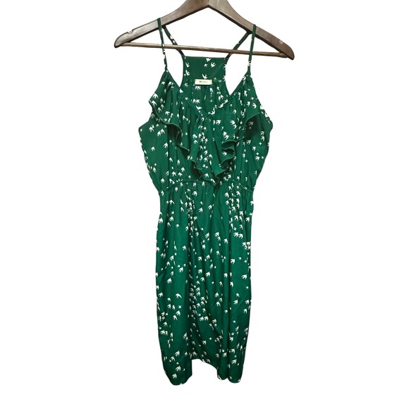 Everly Green Bird Print Ruffle Sun Dress Sleeveless Summer Casual - Picture 1 of 4
